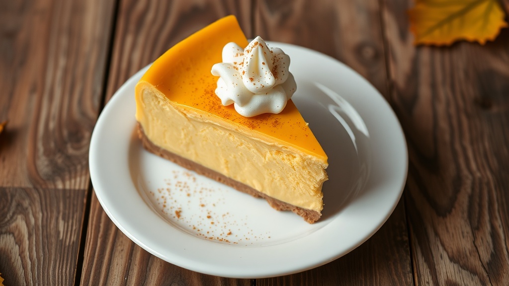 Velvety Pumpkin Cheesecake Recipe A slice of pumpkin cheesecake topped with whipped cream and cinnamon on a rustic table.